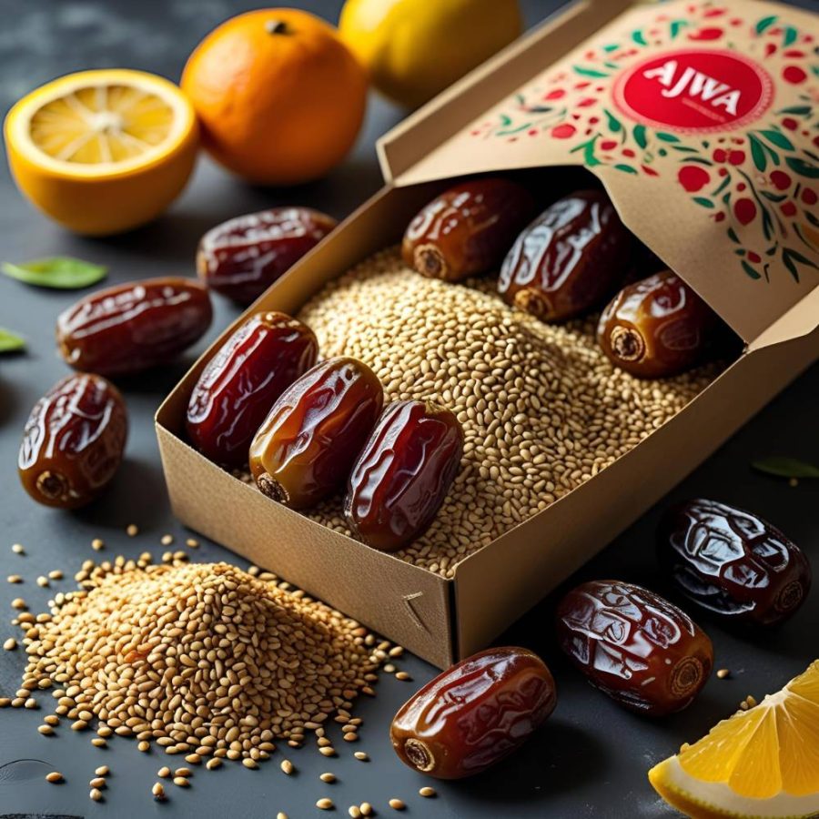 picture of dates, oranges, seasame